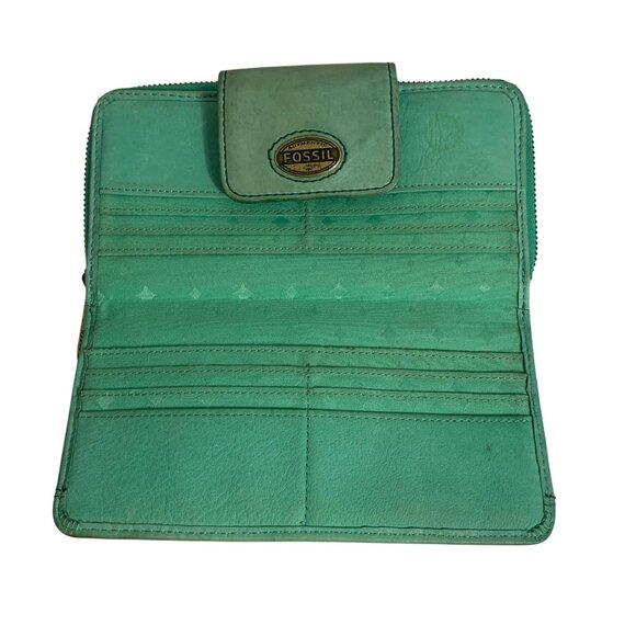 Fossil Explorer Womens Teal Leather Bifold Wallet Zip-Around Clutch Snap Flap - Picture 4 of 9